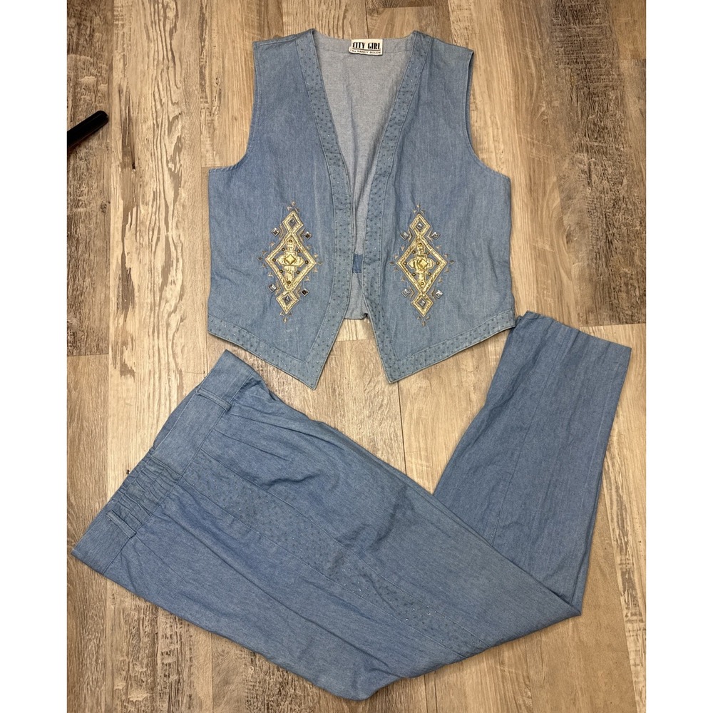 Vtg 2 Pc City Girl western Rockabilly Denim Pants Vest Embellished Rhinestone‎ M